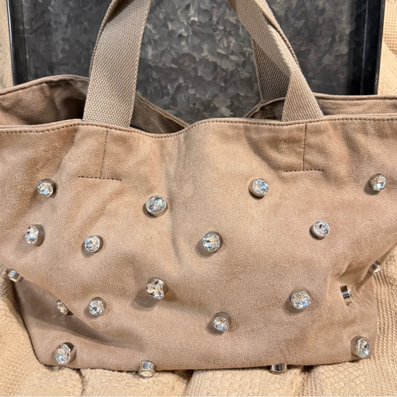 Anthropologie Rhinestone Studded Rivet Velvet Suede Satchel Tote Bag Slouch - Picture 3 of 9